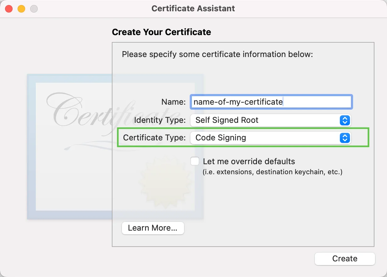 New certificate window